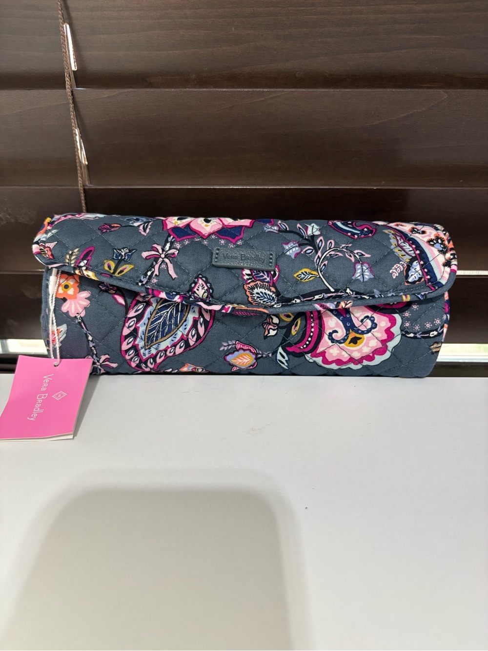 Vera Bradley Navy Gray Paisley Quilted Fold-Over Cosmetic on a roll case